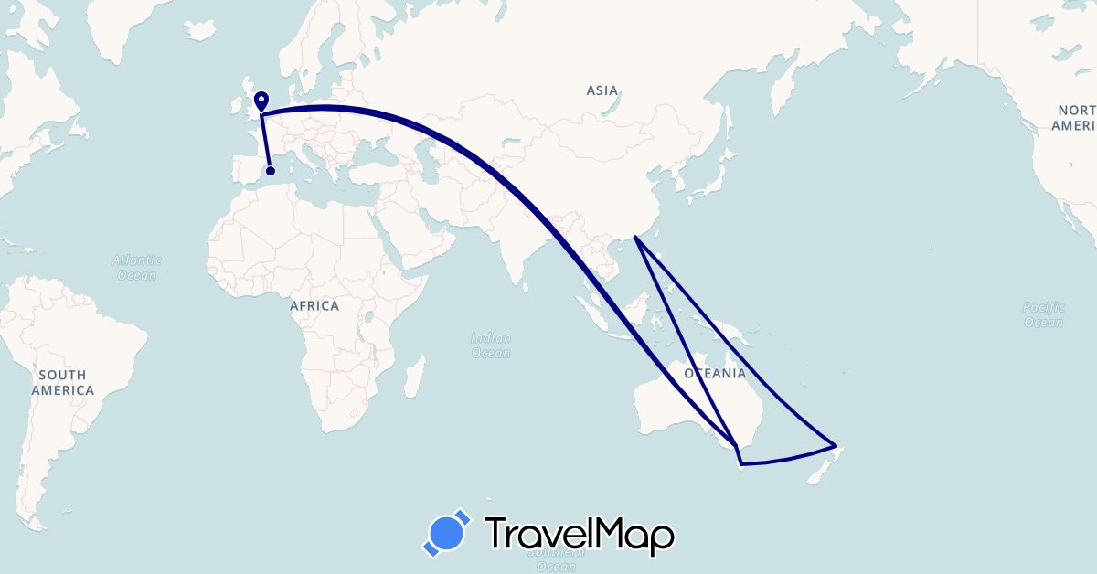 TravelMap itinerary: driving in Australia, China, Germany, Spain, United Kingdom, New Zealand (Asia, Europe, Oceania)